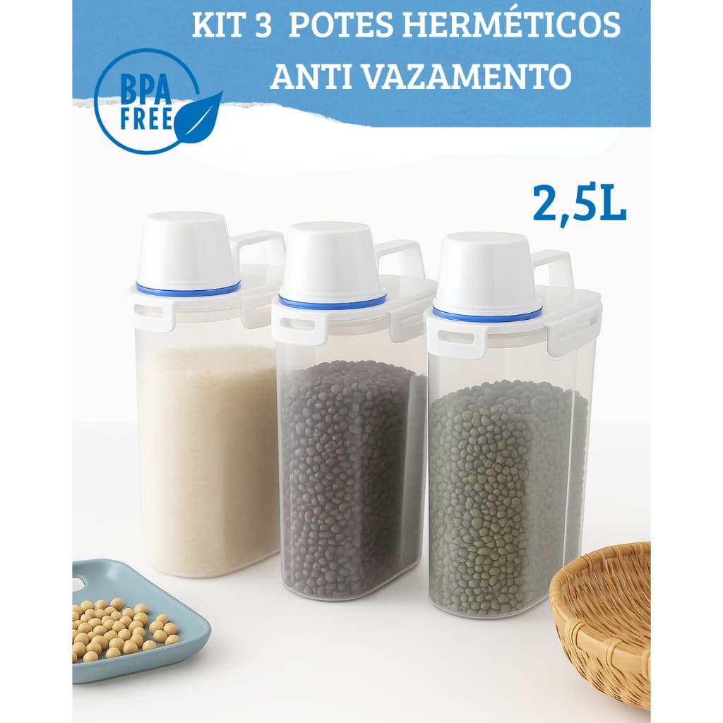 Kit 3 Potes 2,5L Herméticos com Copo Medidor e Dosador Anti Vazamento Multiuso Organizador Cozinha