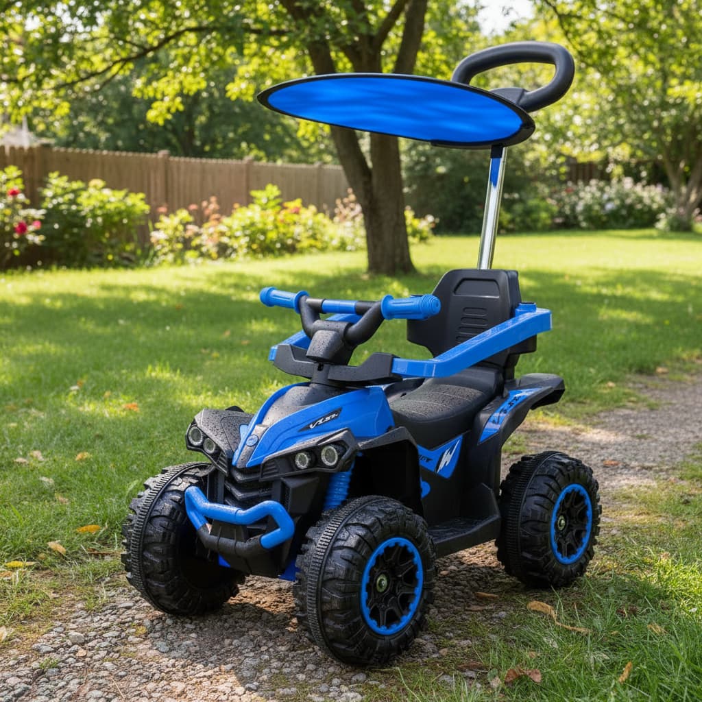 Quadriciclo Elétrico Infantil 6V Azul Com Empurrador E Cobertura Recarregável Luzes E Som Importway