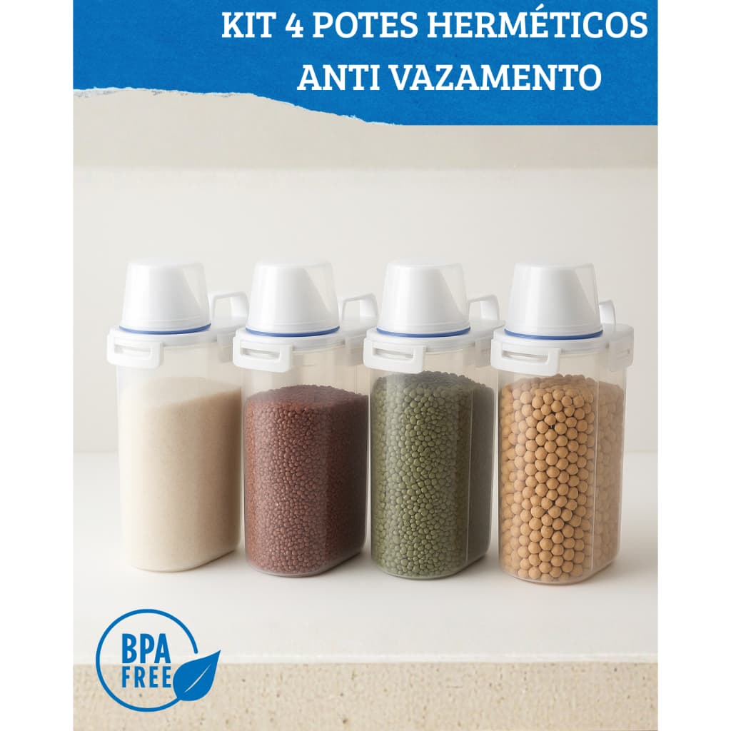 Kit 4 Potes Herméticos 2,5L com Bico Dosador e Copo Medidor Multiuso Casa Cozinha Lavanderia