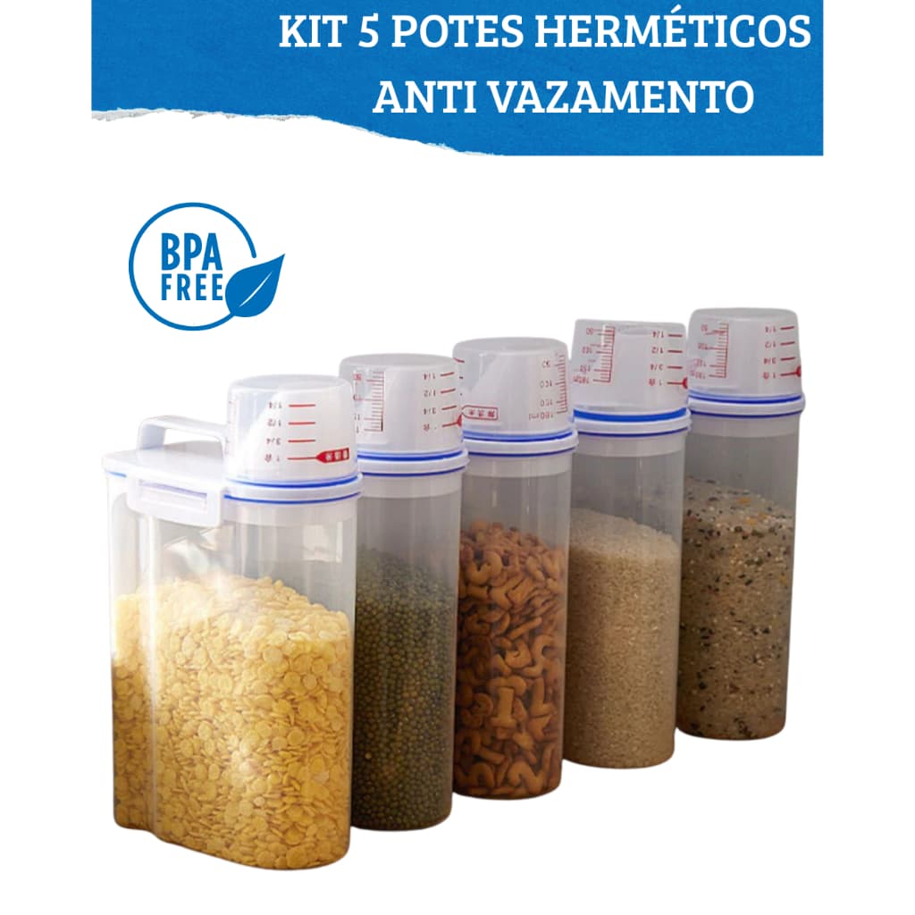 Kit 5 Potes Herméticos 2,5L Bico Dosador Multiuso Organizador de Cozinha Lavanderia Porta Mantimento