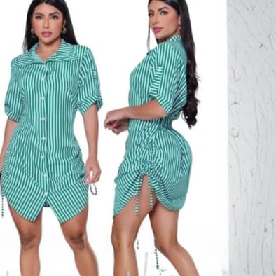 Vestido Feminino Chamise Listrado Com Amarração lateral manga dobrável look casual elegante