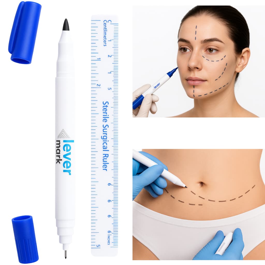 Kit 30 Canetas Marcador de Pele Cirúrgico Estéril Ponta Dupla - Cirurgia Plástica + Régua Brinde