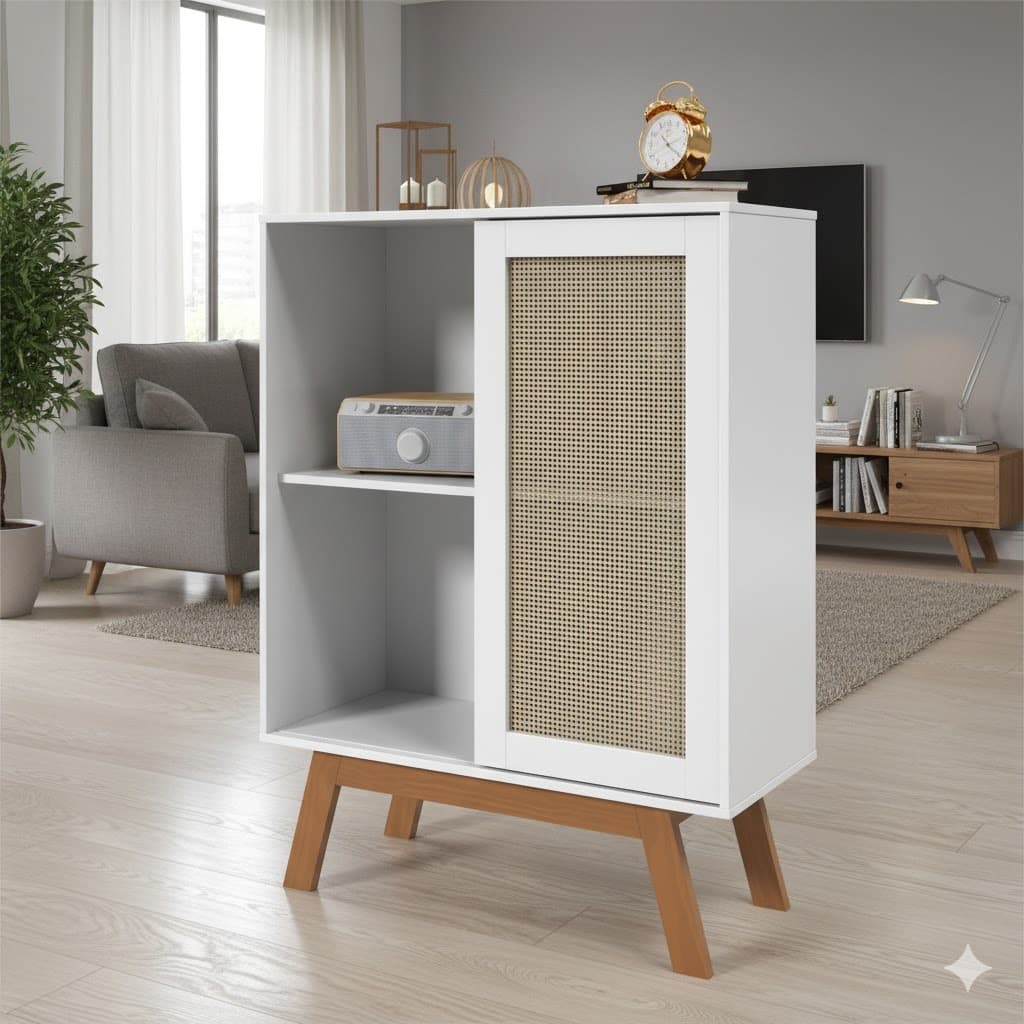 Buffet Aparador Alto 100% MDF | Design Moderno com Rattan e Pés de Madeira