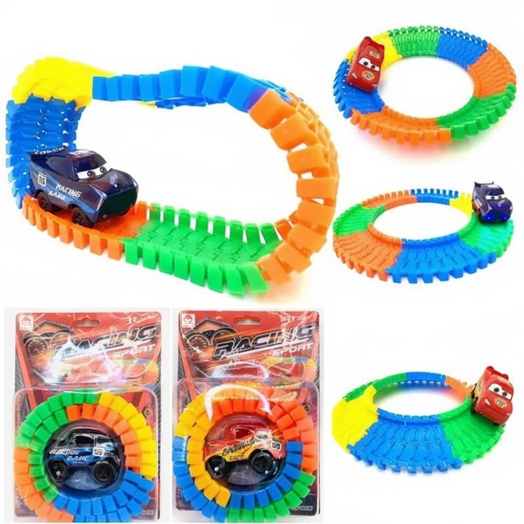 Carrinho Pista Maluca Relâmpago McQueen Com Led Trilha Maluca 56 Peças 2 Cores Diferentes