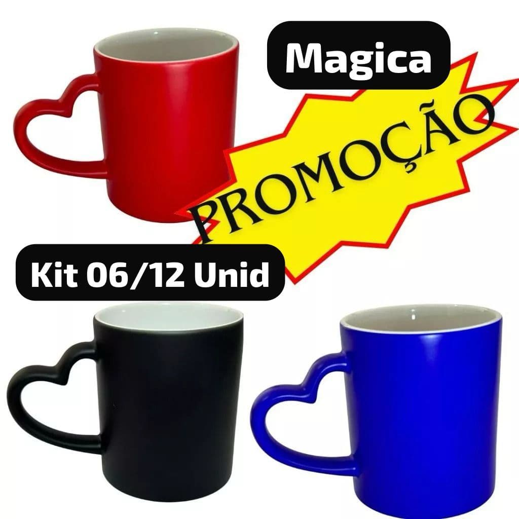 CANECA MÁGICA PRETA FOSCA COM ALÇA DE CORAÇÃO PARA PERSONALIZAÇÃO 6 UNIDADES