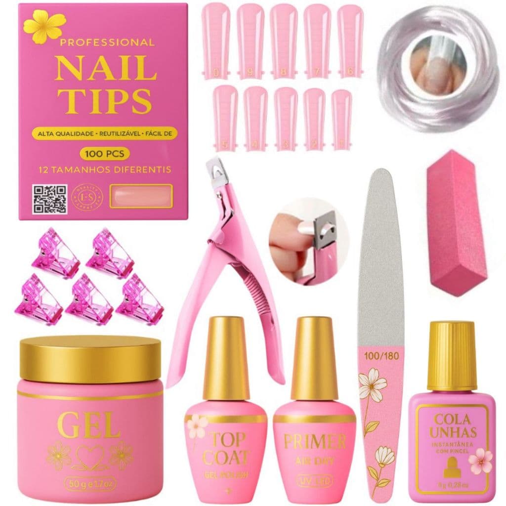 Kit Unha de Gel Completo Manicure 100 Tips + Top Coat e Primer + Alicate Cortador De Tips + Lixa Bumerang+ Gel + Cola