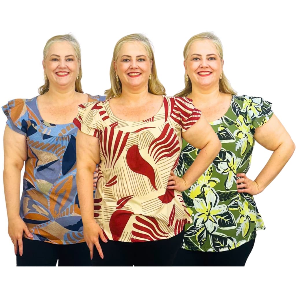 Kit 3 Blusas Plus Size Estampadas Manga Curta Dupla Godê
