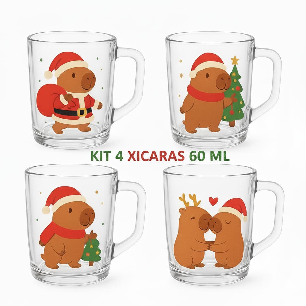 Kit Conjunto 4 Xícaras Natalinas 60ml Em Policarbonato Resistente Decorativa  Seguras Para Café E Chocolate Quente