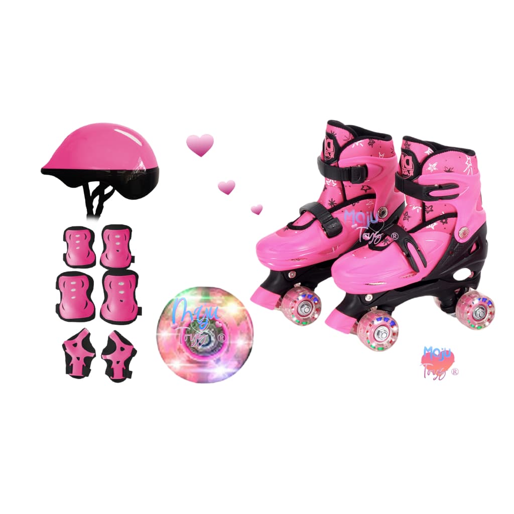Patins Quad LED nas Rodas Infantil Feminino Tamanho P (30 ao 33) + Kit Proteção