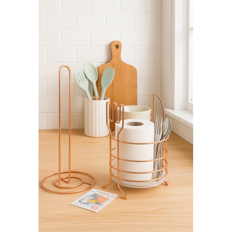 conjunto PORTA ROLO DE PAPEL+PORTA TALHERES ROSÉ GOLD