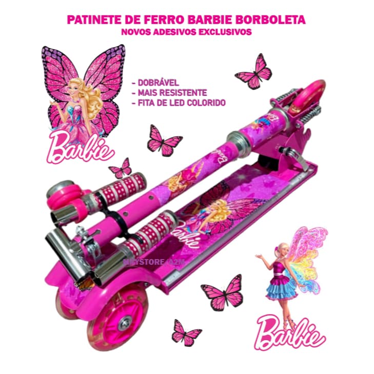 Patinete Infantil de Ferro Musical Barbie Borboleta 3 Rodas Luz LED Rodas e Laterais Freio Buzina