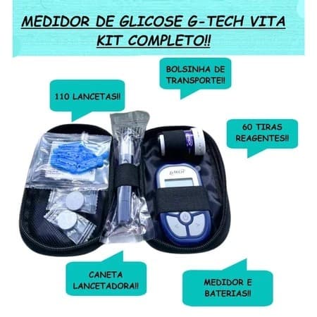 KIT MEDIDOR DE GLICOSE MONITOR GLICEMIA G-TECH VITA ULTRA COMPLETO COM 60 TIRAS E 110 LANCETAS