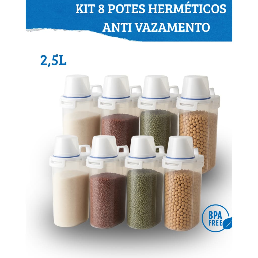 Kit 8 Potes Herméticos 2,5L Com Copo Medidor Bico Dosador e Trava Multiuso Organizador Cozinha
