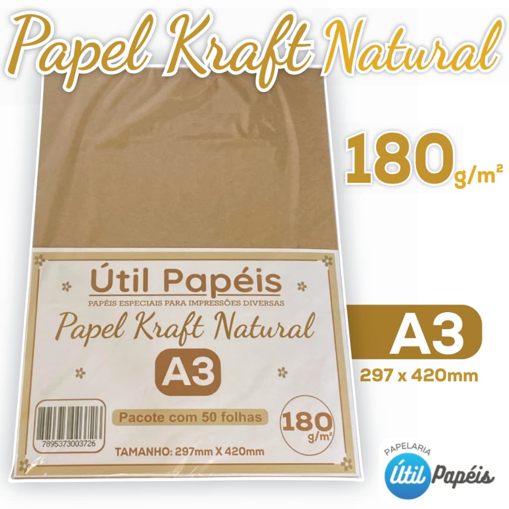 Papel Kraft Natural 180g A3 Pacote com 50/100 Folhas - 297x420mm / Premium Papelaria Personalizada