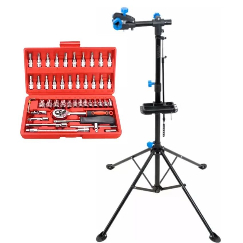 Cavalete Para Manutenção Bicicleta MTB ou SPEED Tripe Com kit Chave Para Manutenção 46 peças
