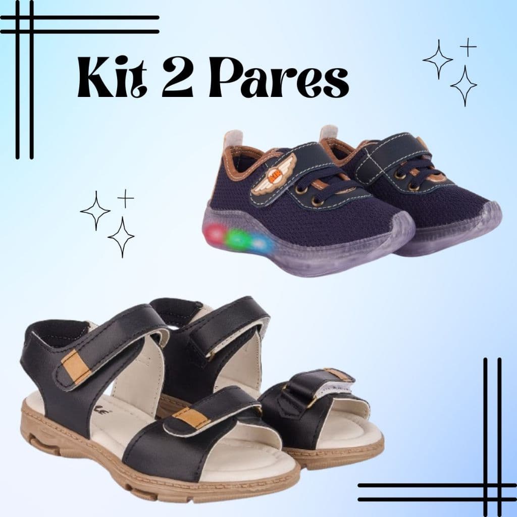 Kit 2 Pares Tênis Infantil Menino Com Luz LED e Papete Fecho Duplo Confortável Macia Escolar Resistente