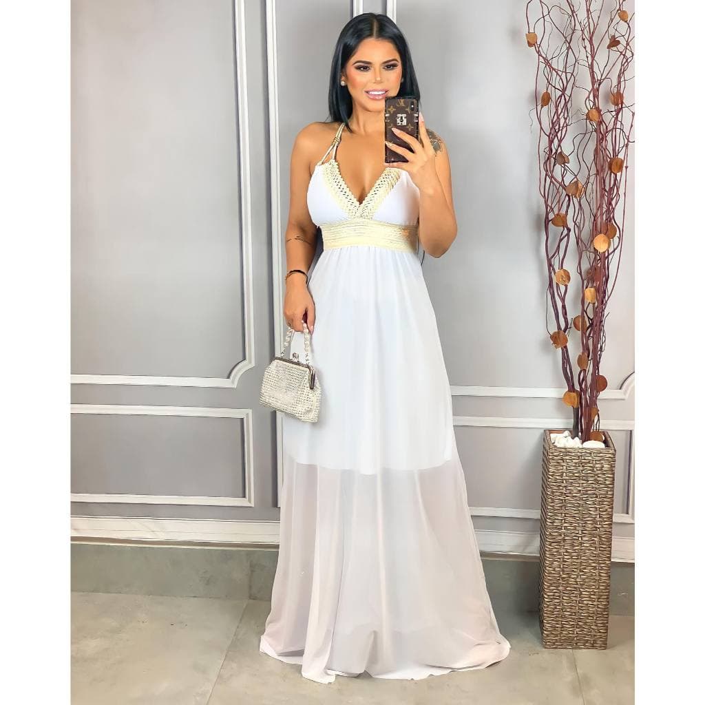 Vestido Tule de Poliamida Detalhe Renda Elastano Alça Regulável com Bojo - Moda Feminina Verão