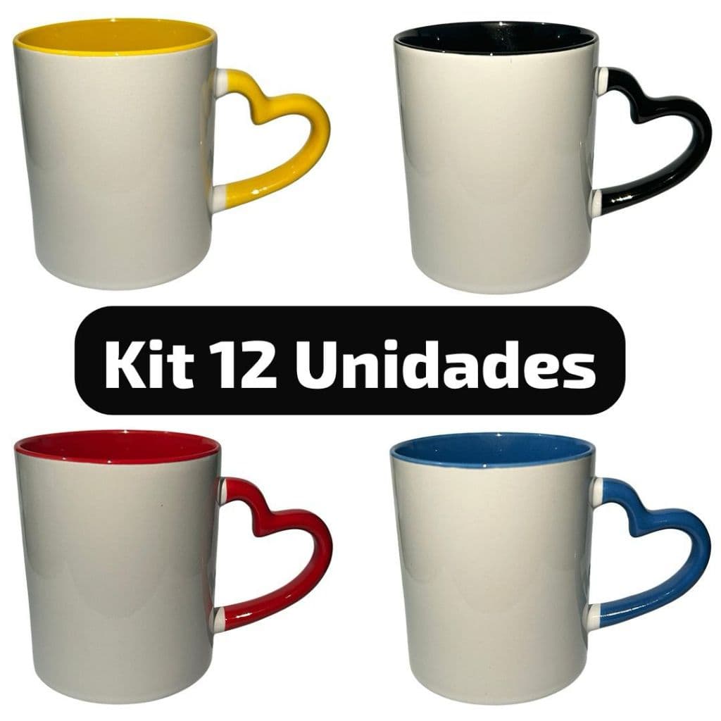 Caneca Porcelana Alça De Coração Colorida Para Sublimação 12 unidades