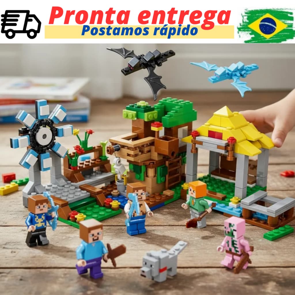 Blocos De Montar Casa com bonecos personagens de brinquedo com cenários diferentes.