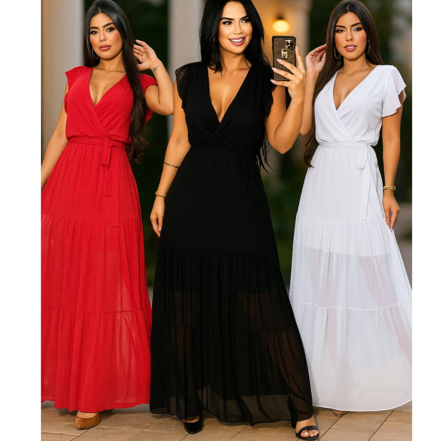 Vestido Três Marias Longo em Tule  Manga Curta, Cintura com Amarração, Leve e Elegante Moda Feminina