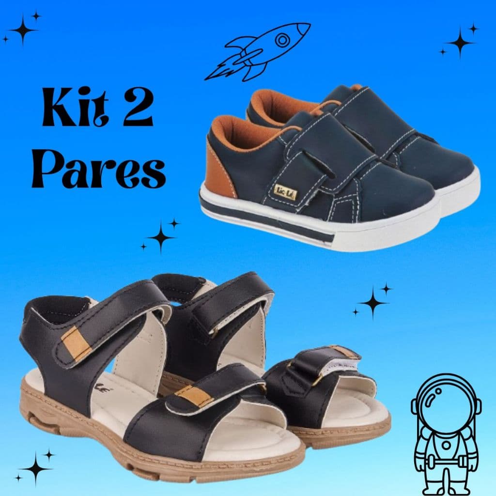Kit 2 Pares Tênis Infantil Casual Menino e Sandália Papete Confortável Fecho Duplo Anatômica Macia Leve