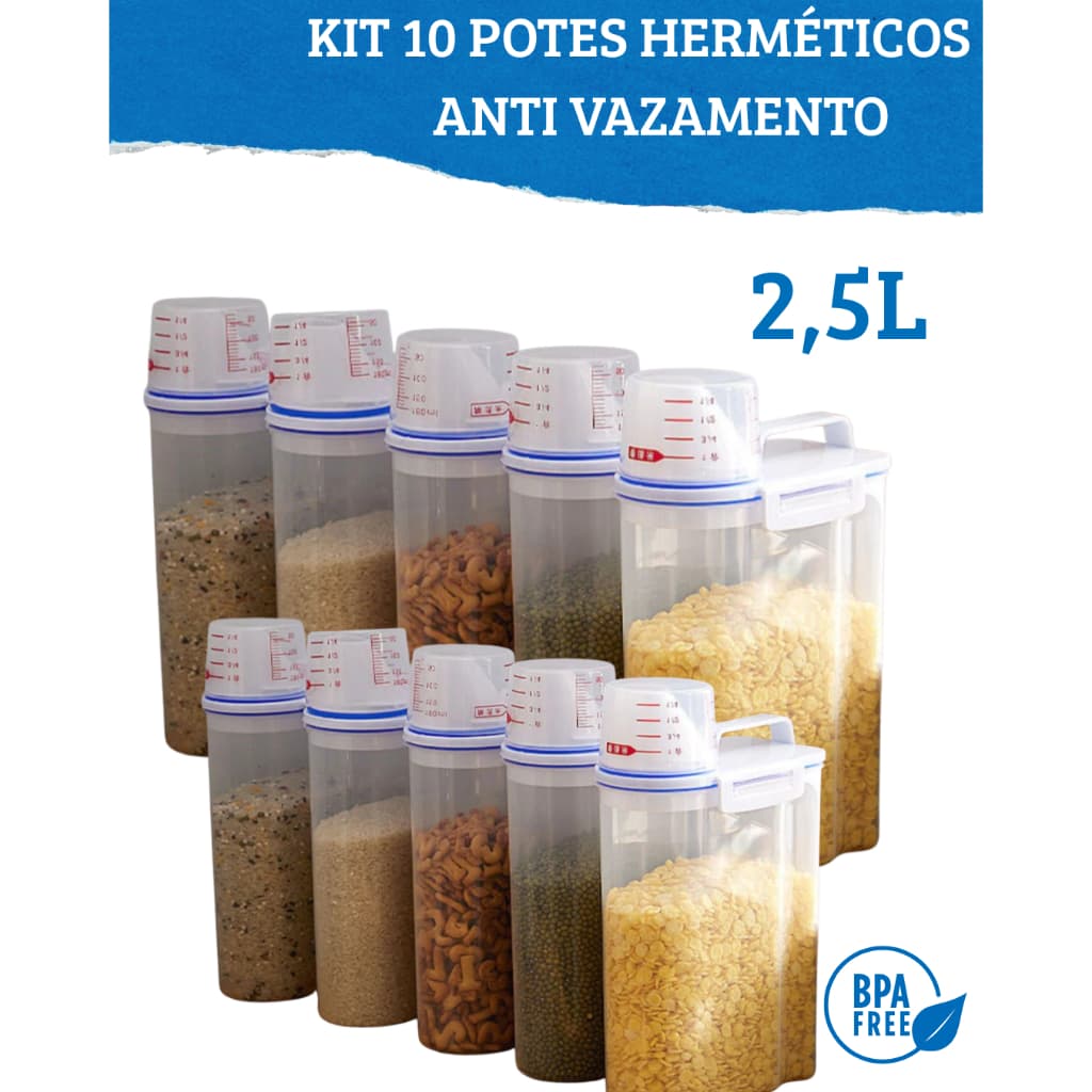 Kit 10 Potes Herméticos 2,5L Anti Vazamento Copo Medidor Bico Dosador Trava Organizador Cozinha
