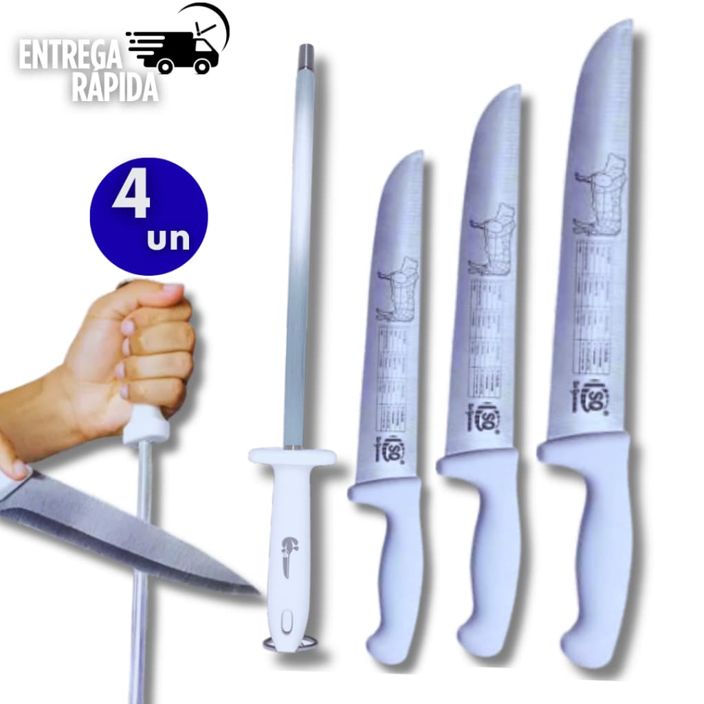 KIT 3 FACAS PROFISSIONAIS + CHAIRA 38 CM – CABO BRANCO - KIKA UTILIDADES