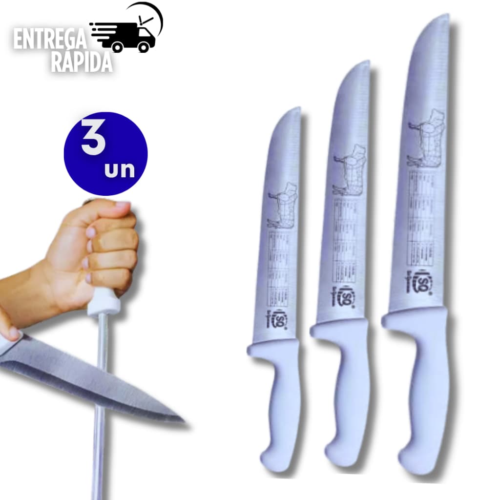 KIT 3 FACAS INOX CABO BRANCO PROFISSIONAL 8" 10" 12" PARA AÇOUGUE  RESTAURANTE CASA CHURRASCO