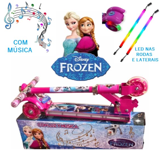 Patinete Musical Rosa Infantil Menina Frozen Barbie Metal Led Nas 3 Rodas e Laterais Buzina Freio