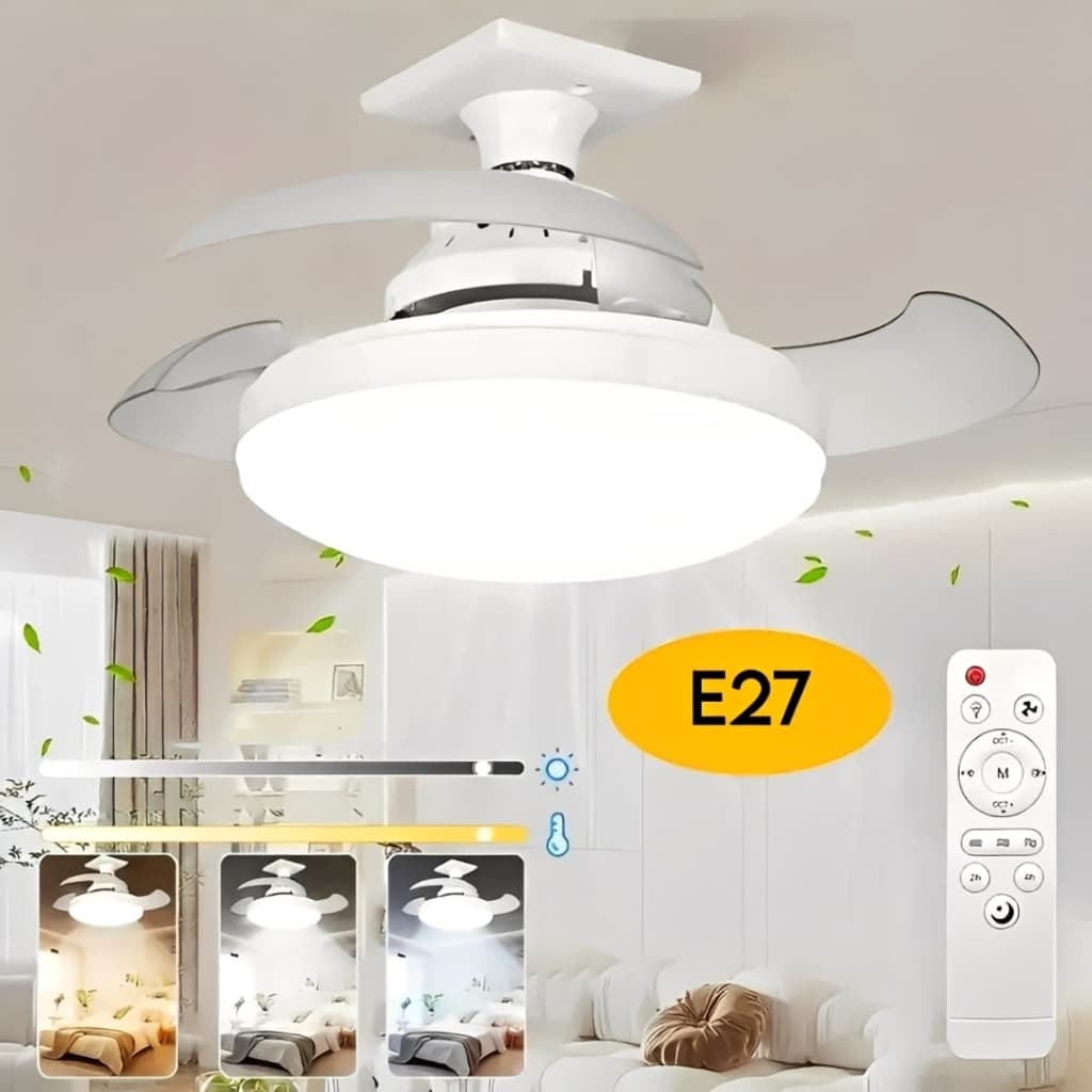 Ventilador De Teto Retratil 80W Lâmpada 3 Cores E27 Silencioso Bivolt Com Controle