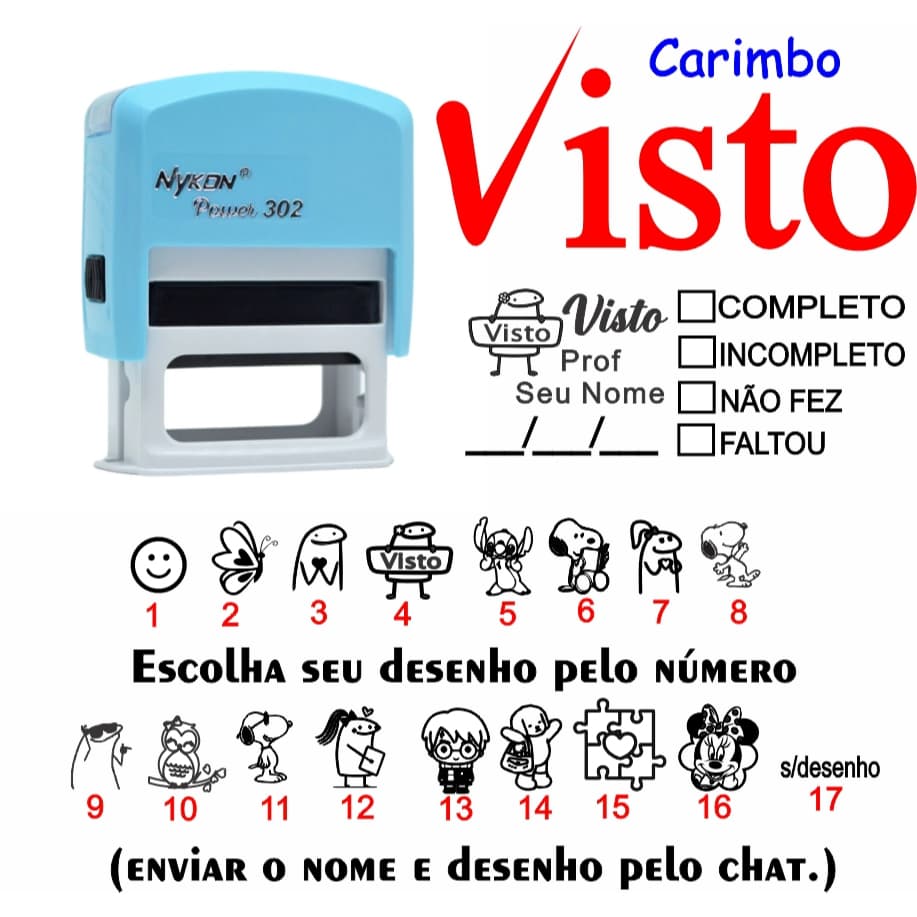 CARIMBO AUTOMÁTICO ESCOLAR VISTO PERSONALIZADO PROFESSOR COMPLETO INCOMPLETO NÃO FEZ FALTOU COM DESENHOS