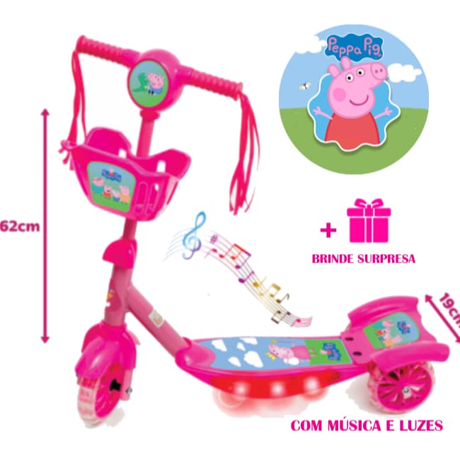 Patinete Infantil Peppa Pig Menina Pepa Rosa Lilás Musical 3 Rodas Cesta Freio Altura Ajustável