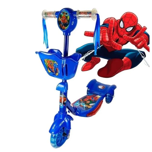 Patinete Infantil Azul Spiderman Menino Homem Aranha Ajustável 3 Rodas Cesta Música Luzes + Surpresa