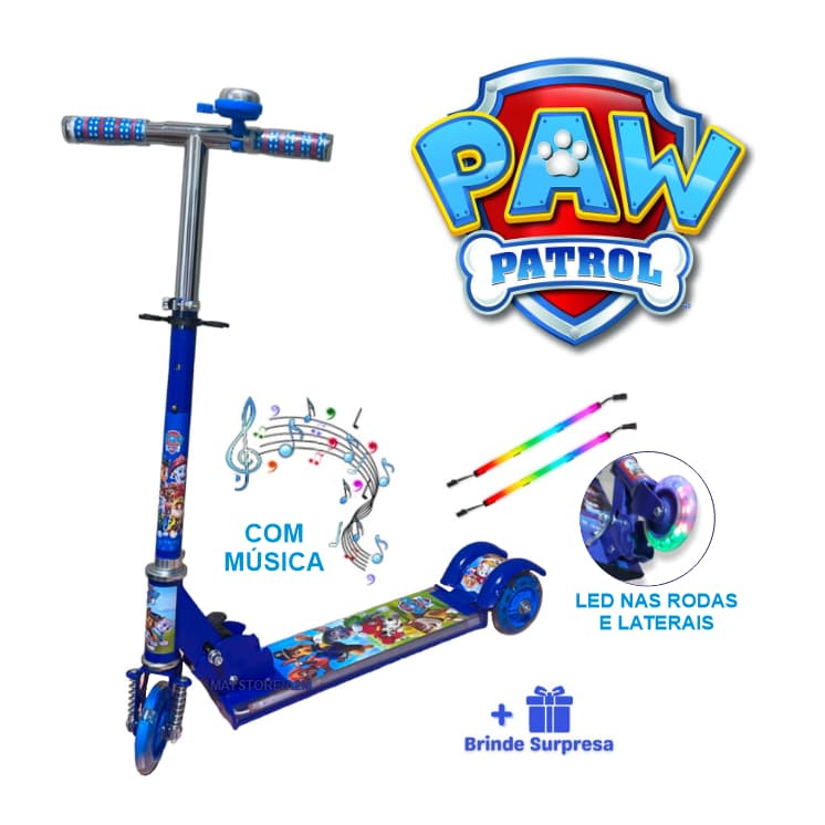 Patinete Infantil Musical Patrulha Canina Menino Azul De Metal 3 Rodas LED Colorido Buzina Freio