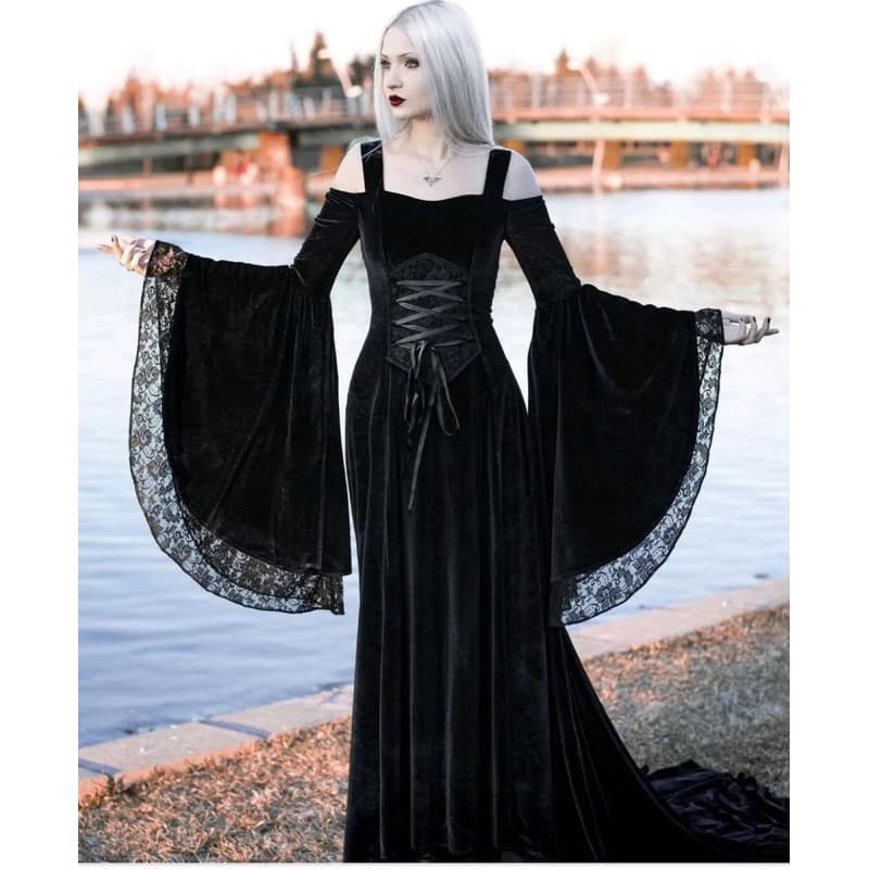 Vestido medieval mangas longas bruxa Halloween com renda e corpete