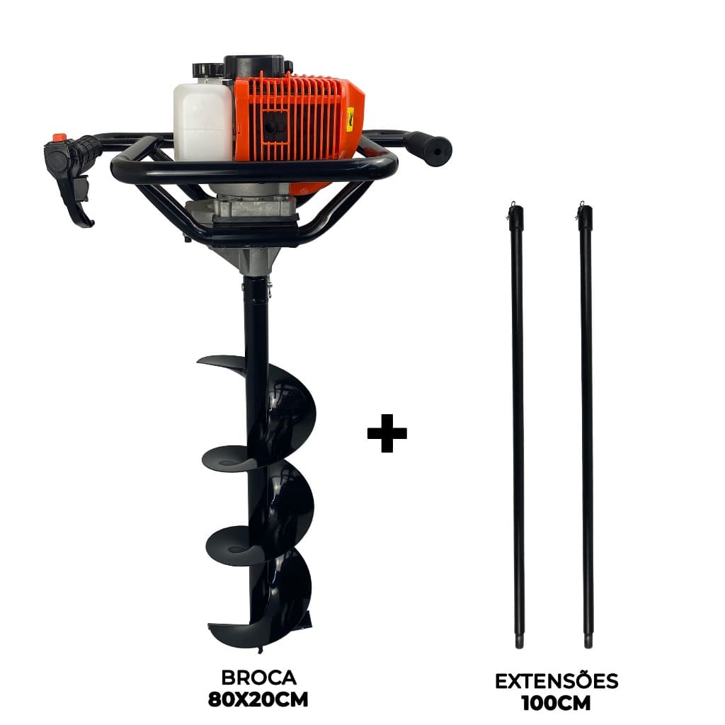 Perfurador de Solo a Gasolina 52cc 2,5HP com Broca 80x20cm + 2x Extensor 1m Carbon Fak