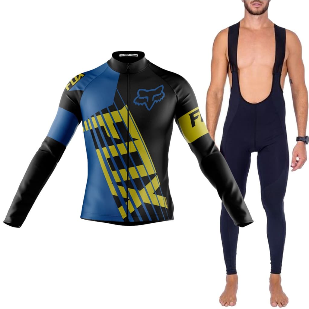 Kit Bretelle Camisa Fox Azul Manga Longa Dryfit Ciclismo
