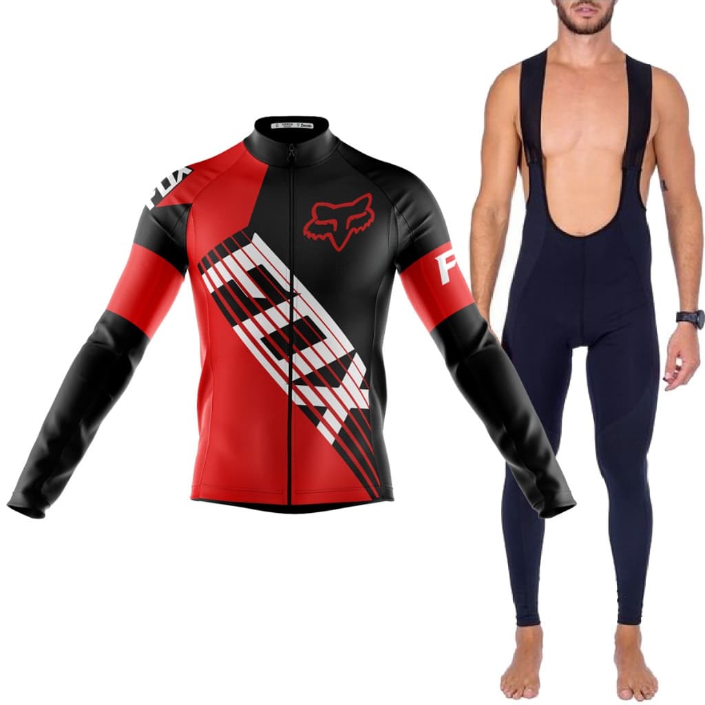 Kit Bretelle Camisa Fox  Vermelha Manga Longa Dryfit Ciclismo