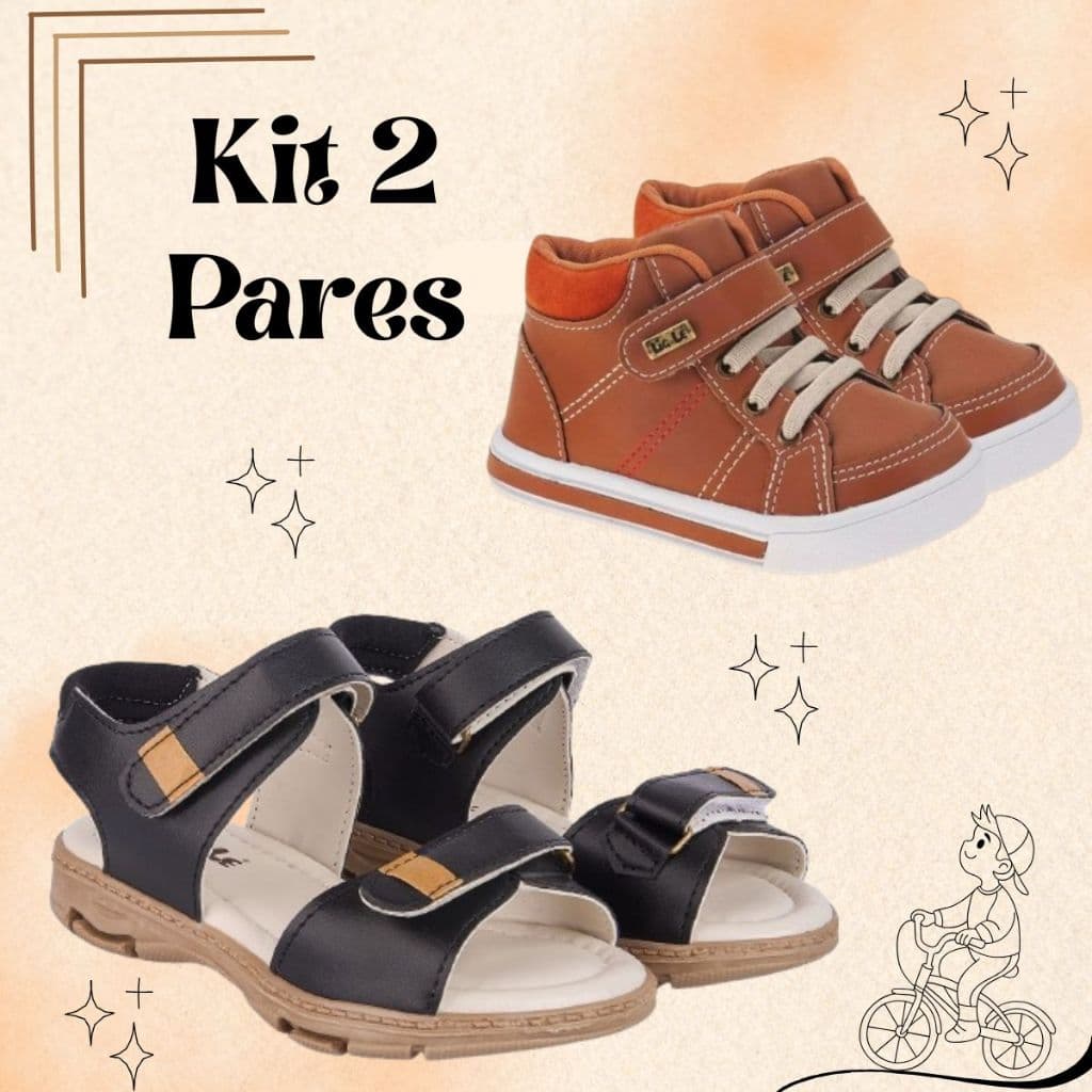Kit 2 Pares Tênis Infantil Menino Cano Médio e Sandália Papete Fecho Ajustável Confortável Macia Leve