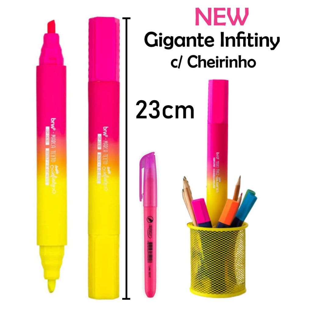 Marca Texto Gigante Infinty Ponta Dupla 2 Cores Rosa e Amarelo Neon C/ Cheirinho Doubble BRW