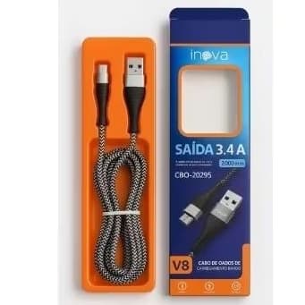 ⚡ Cabo Carregador Inova V8 2 Metros – Carga Rápida 3.4A e Reforçado em Nylon