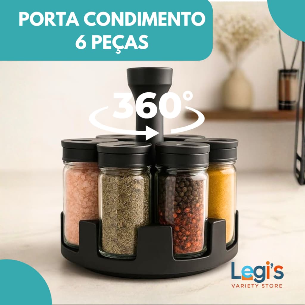 Porta Temperos Giratório 6 Potes de Vidro com Tampa Dosadora – Organizador de Condimentos Preto Estilo Carrossel Cozinha