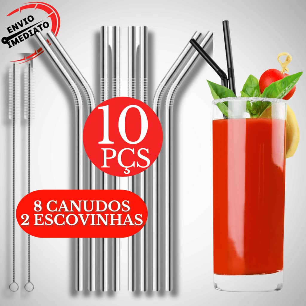 Kit Canudo Inox + Escova Escovinha Para limpeza Aço Inox Canudo Reto Curvado