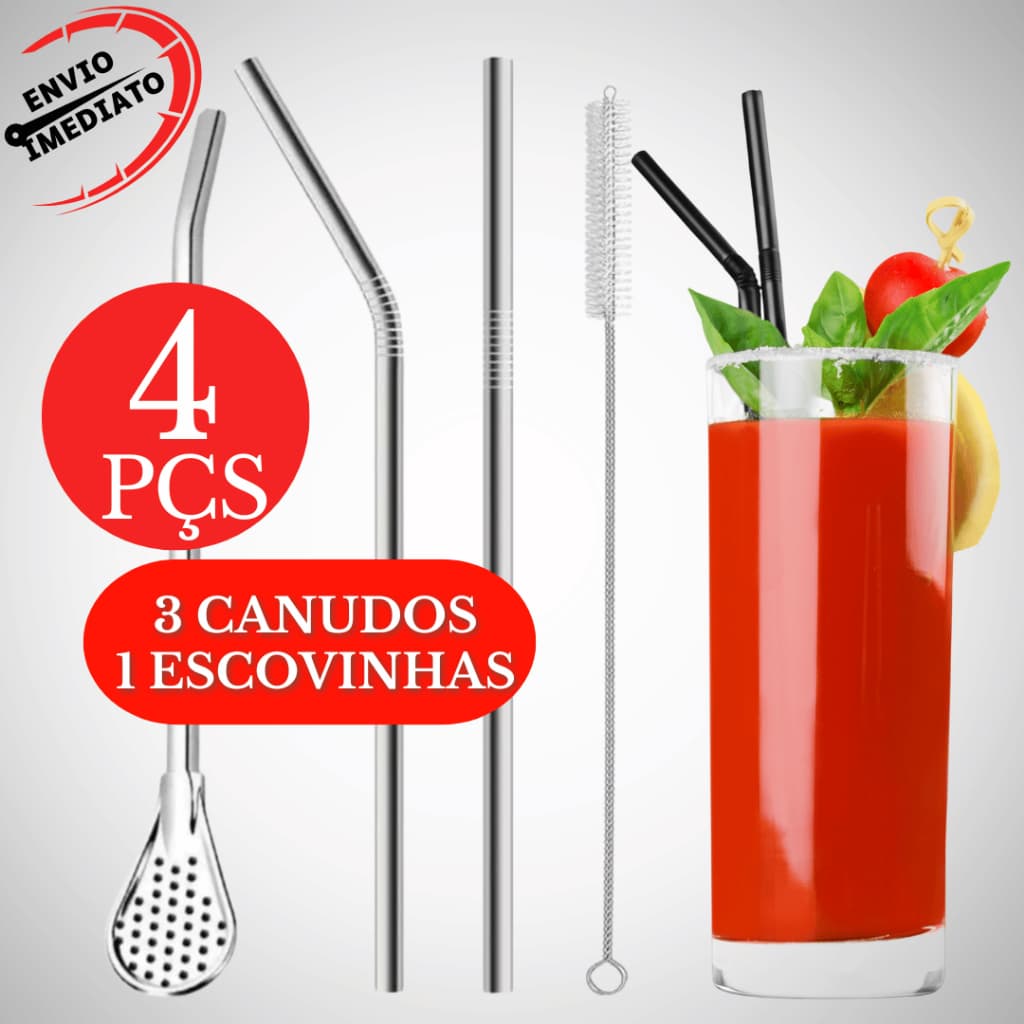 Kit Canudo Inox Reto Curvado Canudo Bomba Terere Quente + Escovinha Escova Aço Inox