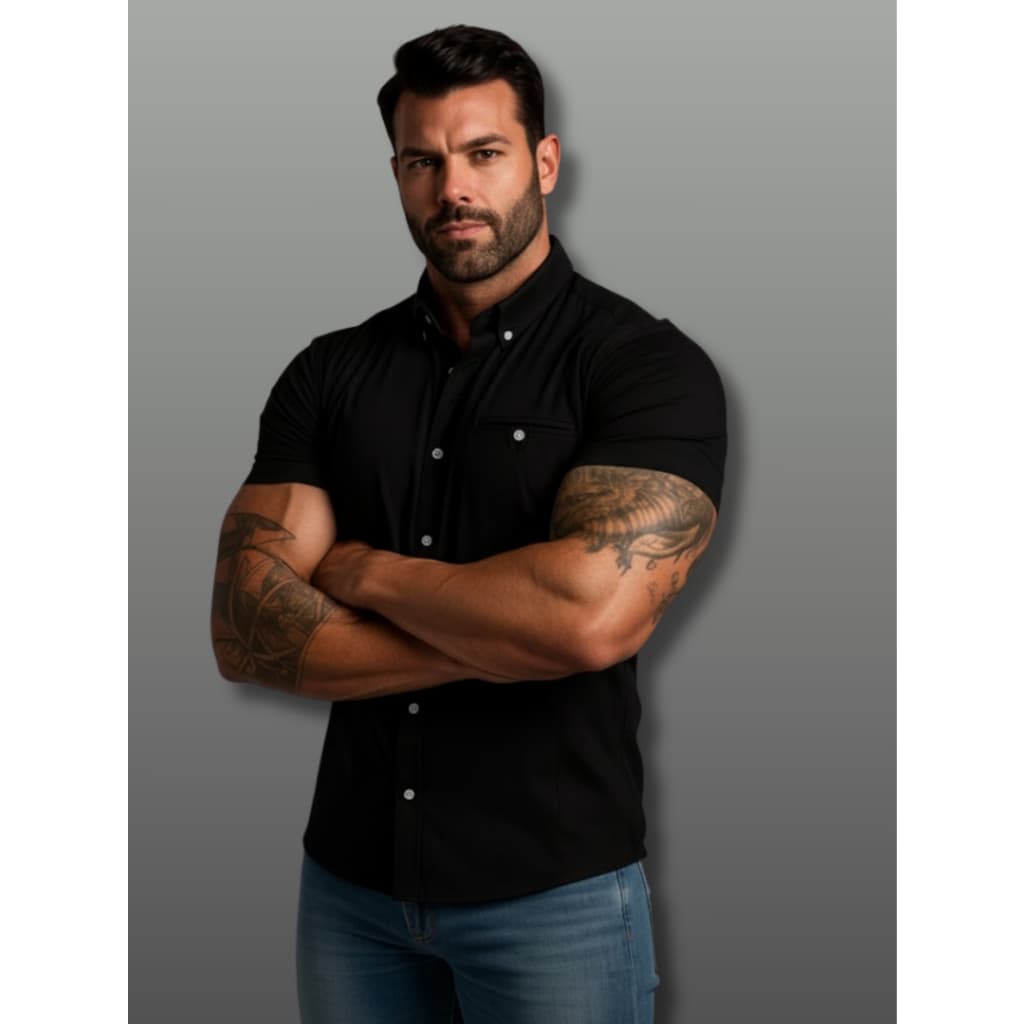 Camisa Social Masculina Manga Curta Slim Fit Com Elastano Gola Italiana Camisa Social  Luxo