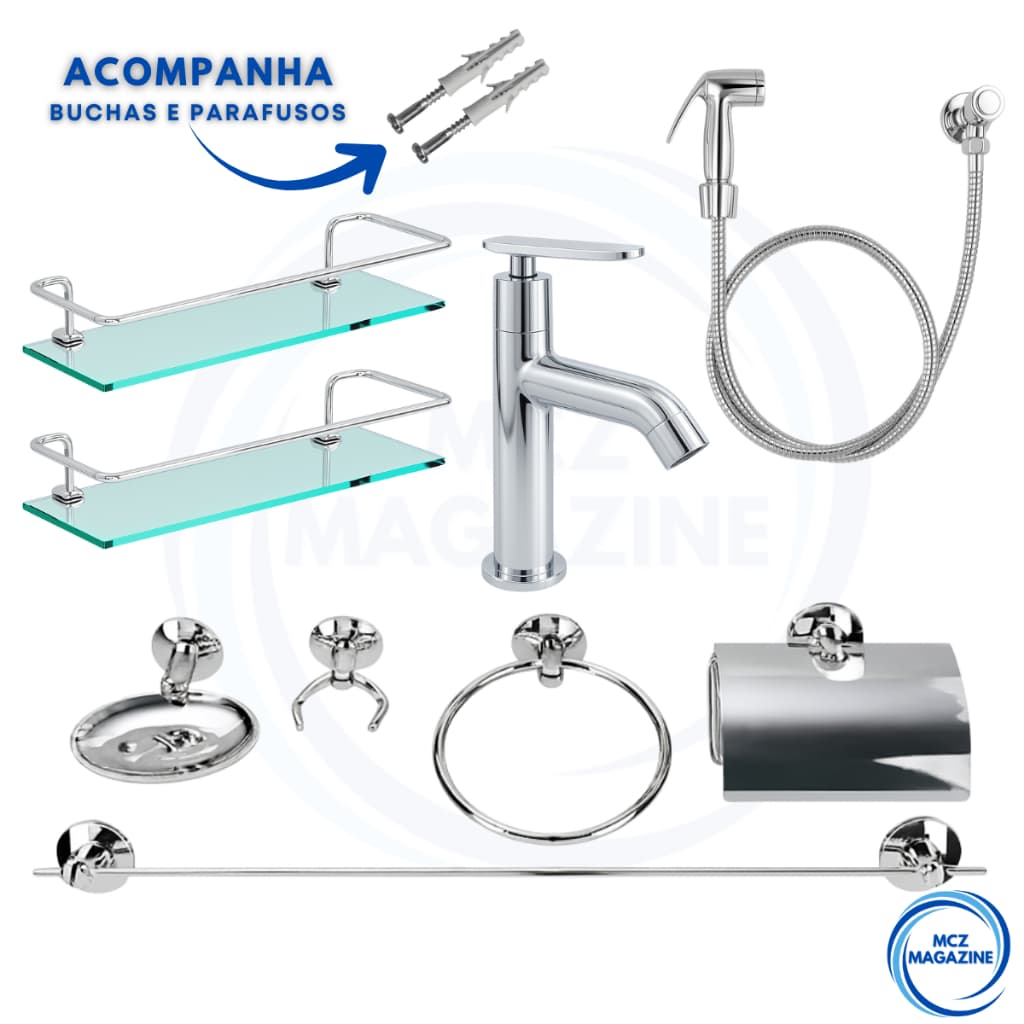 Kit Completo Para Banheiro 9 PEÇAS / 1 Torneira Slin + 2 Porta Shampoo Reto + 1kit Banheiro + 1 Ducha Higienica