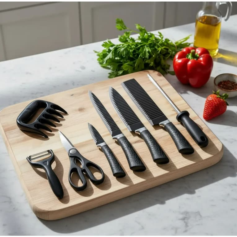Jogo De Facas Inox 8 Peças Cozinha Churrasco Afiada Kit Cojunto Carne Legumes Frutas Vegetais Aço