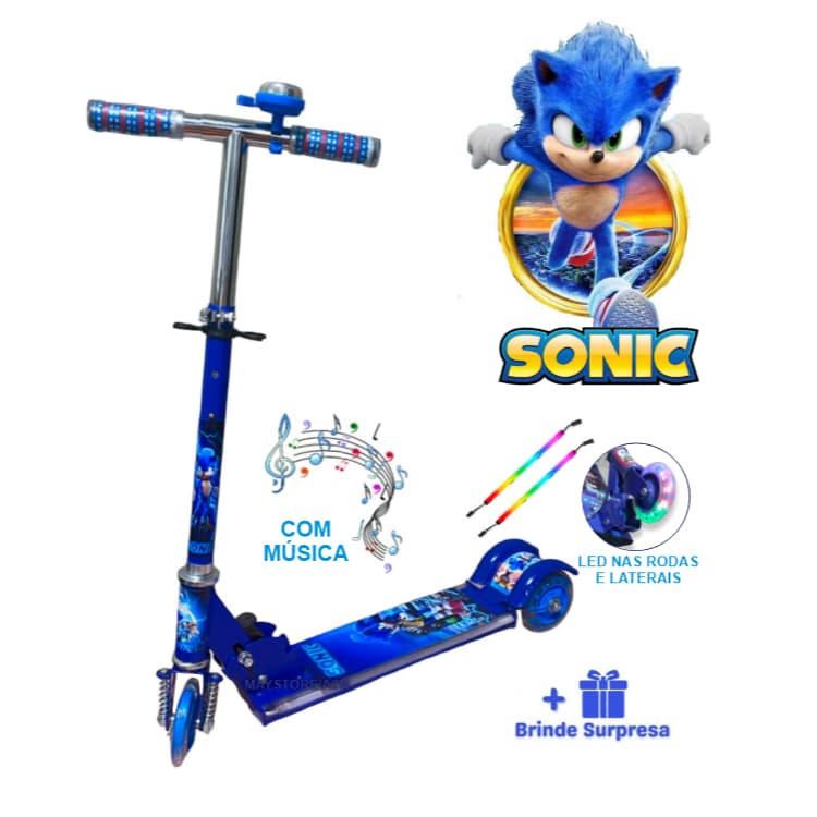 Patinete Infantil Musical Sonic Metal Azul Menino 3 Rodas Led Nas Laterais e Nas Rodas Buzina Freio