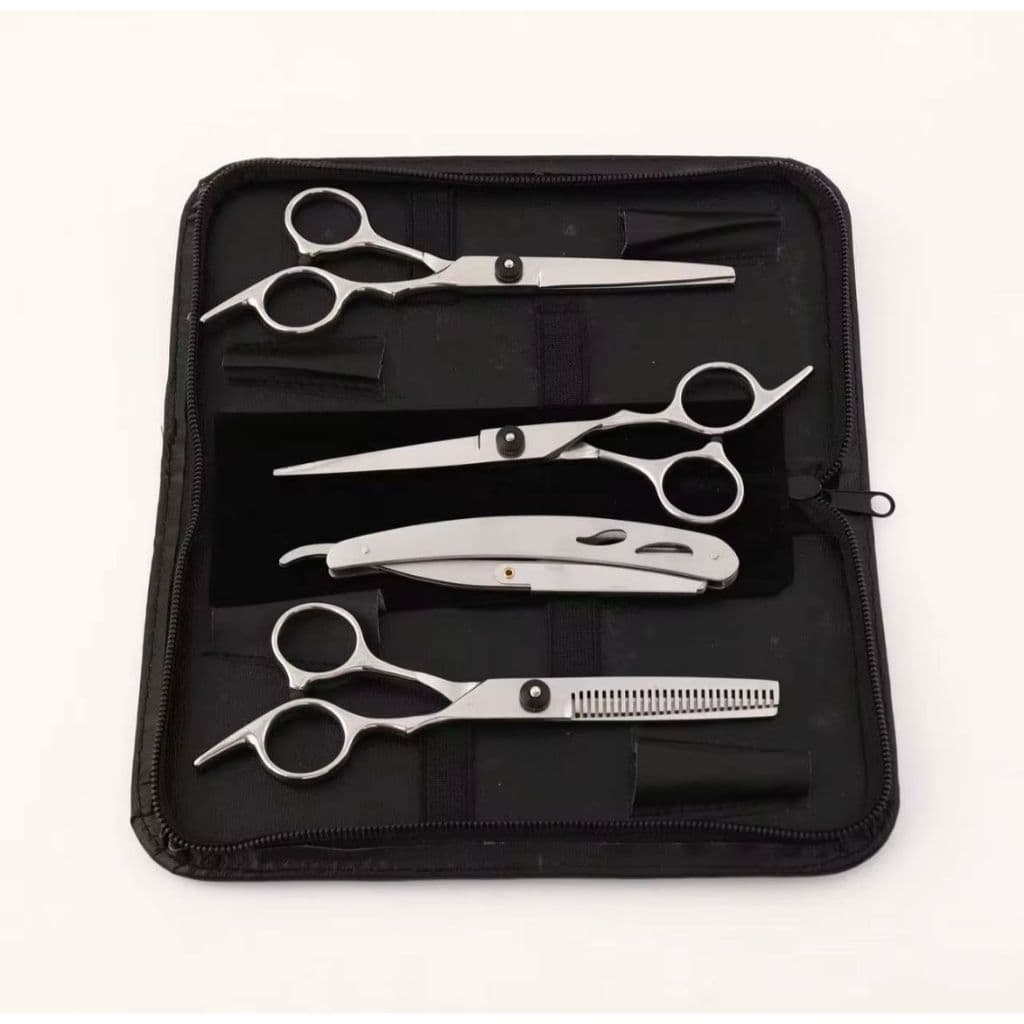 KIT PROFISSIONAL TESSOURAS DE CABELEIREIRO COM 3 TESOURA PARA USO DIFERENTES E 1 NAVALHA