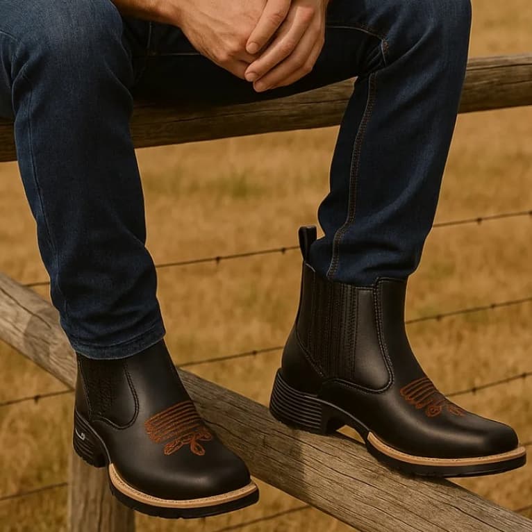 Bota Country Texana Couro Legitimo Cowboy Rustico Resistente Rodeio Costurada Bordada
